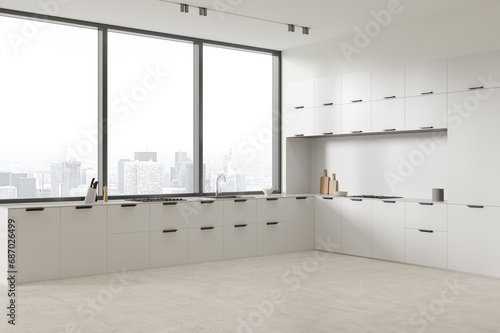 Stylish home kitchen interior with cabinet and kitchenware  panoramic window