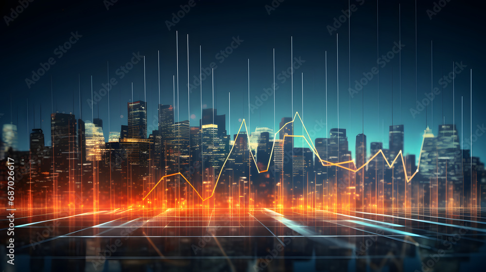 Big data chart on city backdrop.Trade technology, and investment analysis.Business development, financial plan and strategy.Analysis finance graph and market chart investment. Generative Ai.