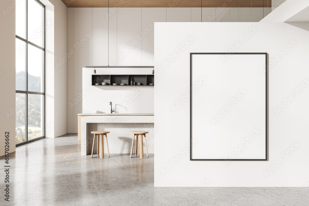 White hotel kitchen interior with bar counter and shelf. Mockup poster White hotel kitchen interior with bar counter and shelf. Mockup poster