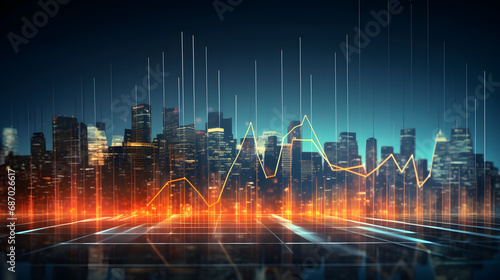 Big data chart on city backdrop.Trade technology, and investment analysis.Business development, financial plan and strategy.Analysis finance graph and market chart investment. Generative Ai. © tfk