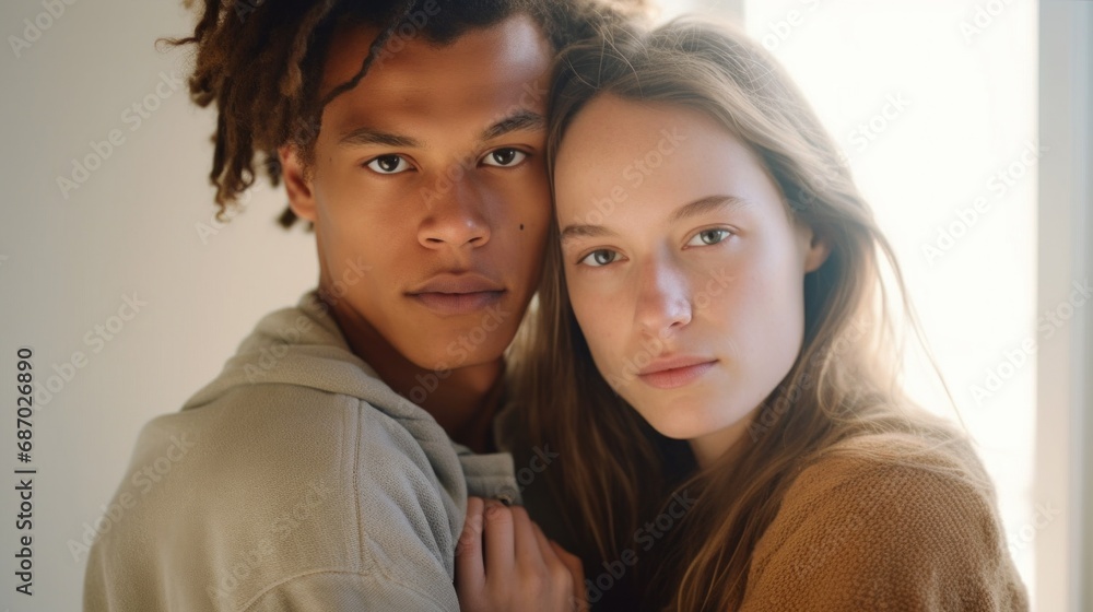 Happy couple, different skin tones, sharing a warm embrace at home.