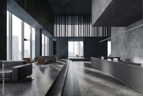 Grey business interior lobby with reception desk and panoramic window