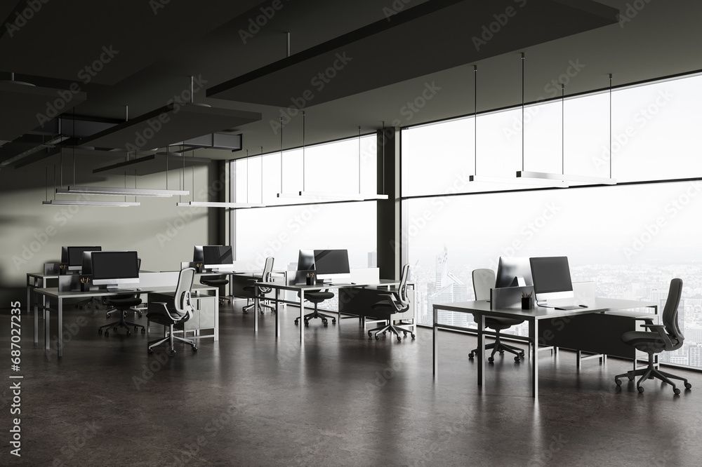 Grey office workspace interior with pc desktop and panoramic window Grey office workspace interior with pc desktop and panoramic window