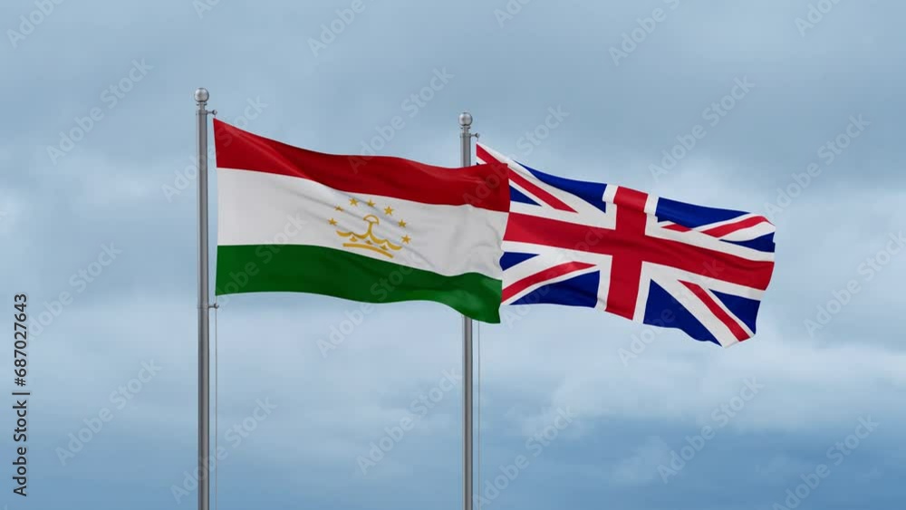 United Kingdom and Tajikistan flag waving together on cloudy sky, endless seamless loop, two country cooperation concept United Kingdom and Tajikistan flag waving together on cloudy sky, endless seamless loop, two country cooperation concept