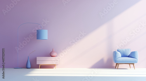 Minimal interior design of a stylish pastel purple room. Purple wall, pink table, blue armchair, floor lamp, pastel ceramic vase, decor. Sunlight. Empty wall mock up background. 