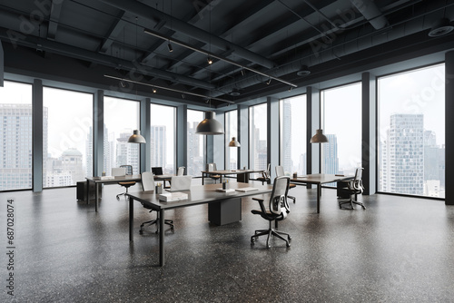 Panoramic gray open space office corner
