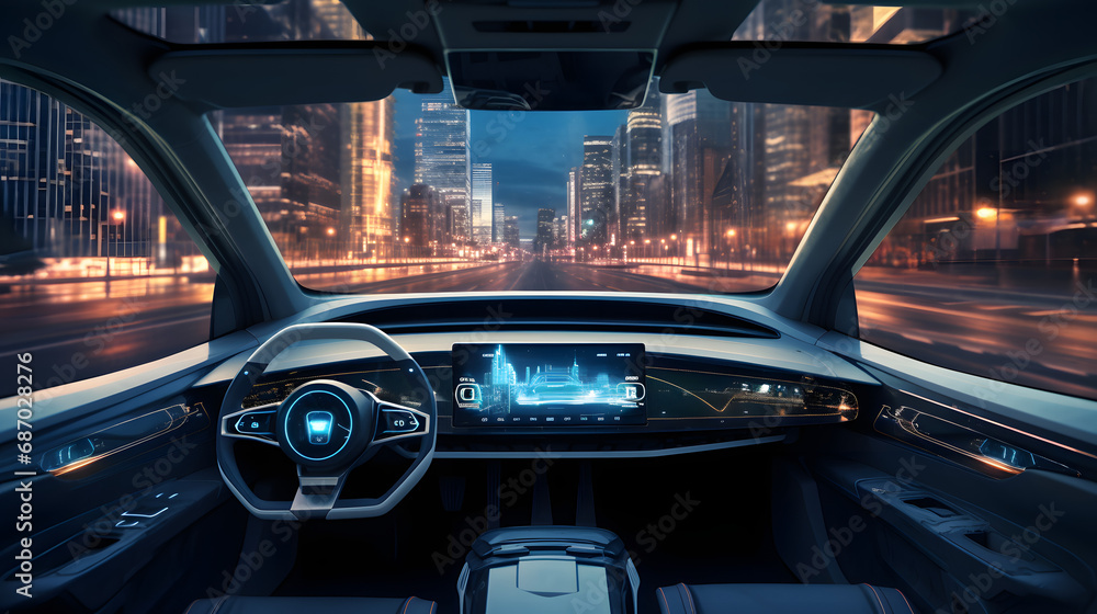 Cockpit of autonomous car and AI(Artificial Intelligence). Driverless car. Self driving vehicle. UGV. Generative Ai.