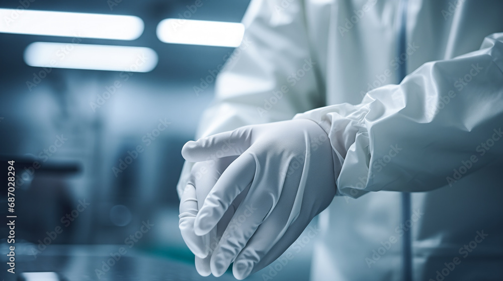 Laboratory workers hand with white gloves