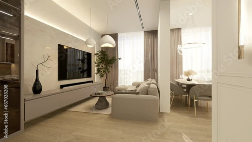 Luxury apartments living room, open space, kitchen-dining area, Japandi style, 3D video. photo