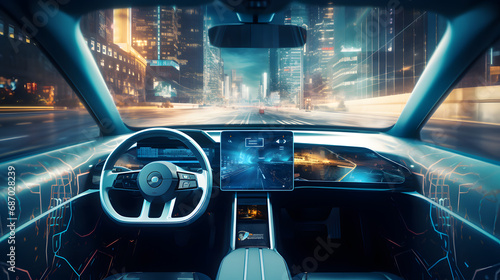 Cockpit of autonomous car and AI(Artificial Intelligence). Driverless car. Self driving vehicle. UGV. Generative Ai. photo