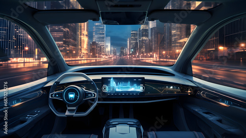 Cockpit of autonomous car and AI(Artificial Intelligence). Driverless car. Self driving vehicle. UGV. Generative Ai. © tfk