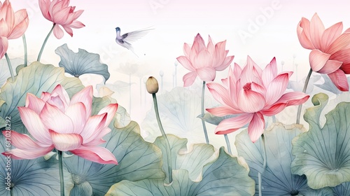 Watercolor wallpaper pattern landscape of lotus flower with bird. Floral and Pink vintage background. Ai generative