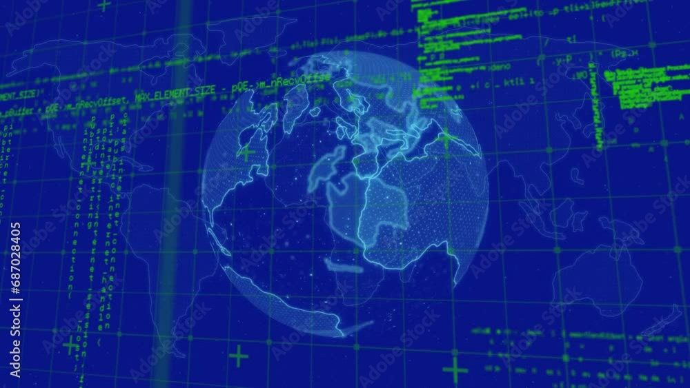 Animation of grid pattern, computer language and rotating globe over blue background Animation of grid pattern, computer language and rotating globe over blue background