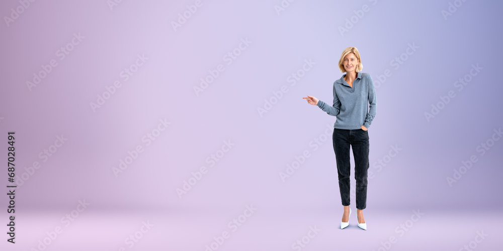 Happy young woman with finger pointing side, copy space background Happy young woman with finger pointing side, copy space background