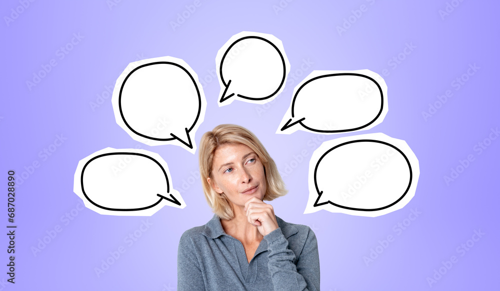 Pensive woman with hand on chin, mock up copy space speech bubbles Pensive woman with hand on chin, mock up copy space speech bubbles