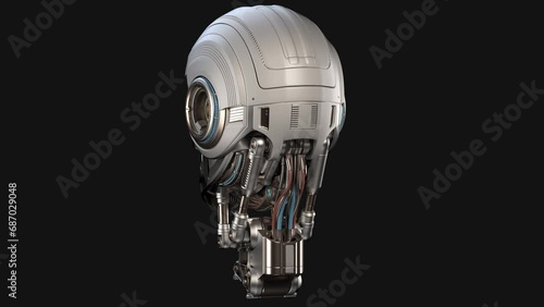 Turntable 360 degree animation of futuristic robot head or metallic humanoid cyber face. 3d rendering isolated on black background with alpha