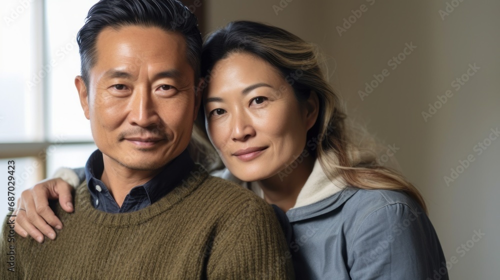 Amid the walls of their dwelling, a middle-aged Asian couple expresses their bond through a tender embrace. Amid the walls of their dwelling, a middle-aged Asian couple expresses their bond through a tender embrace.