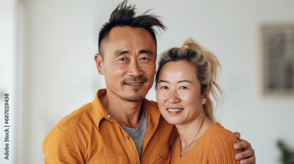 A serene scene as an Asian middle-aged couple shares a quiet embrace in the familiarity of home.