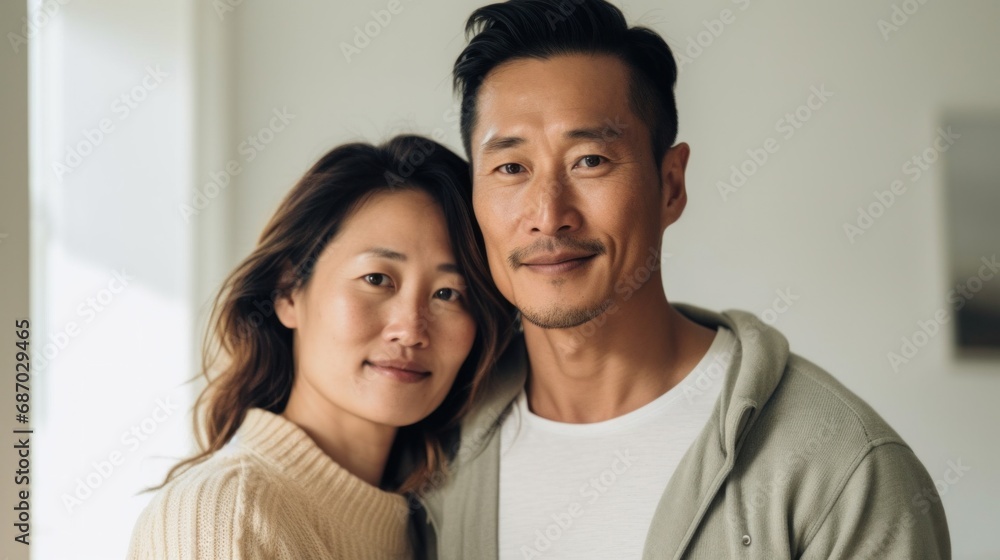 Finding peace in each other's arms, an Asian middle-aged couple shares a heartfelt embrace at home. Finding peace in each other's arms, an Asian middle-aged couple shares a heartfelt embrace at home.