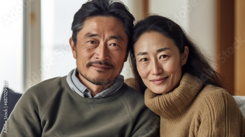A middle-aged Asian couple sharing a tender embrace at home.