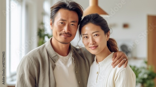 At home, an Asian couple in their middle age wraps themselves in a loving embrace, radiating happiness.
