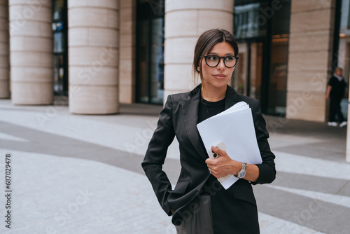 Brunette young businesswoman in black suit, glasses holds paper sheet standing outside looks away with pensive face goes to meeting. Financial analyst, professional.  Female accountant with documents. photo