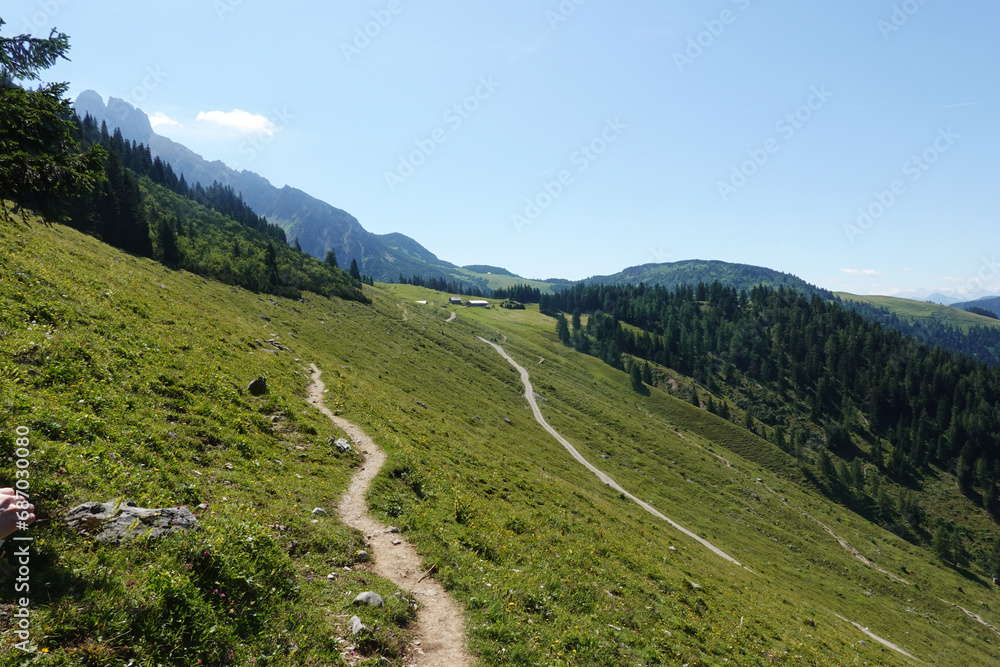 The view from Gablonzer huette to Zwiesel valley, Gosaukamm mountain ridge, Germany	