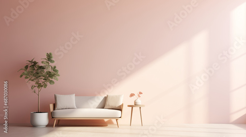 Minimal interior design of a stylish pastel room. Pink wall, white sofa with pillows, wooden side table, ceramic vase with plants. Sunlight. Empty wall mock up background. © Studio Murmur