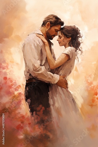 romantic couple, rendered in impressionism style, copy space, generative ai © Nia™