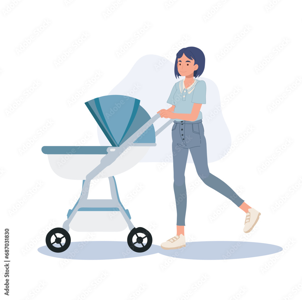 Happy Mom Pushing Baby Stroller. Joyful Mother and Baby in Stroller Happy Mom Pushing Baby Stroller. Joyful Mother and Baby in Stroller