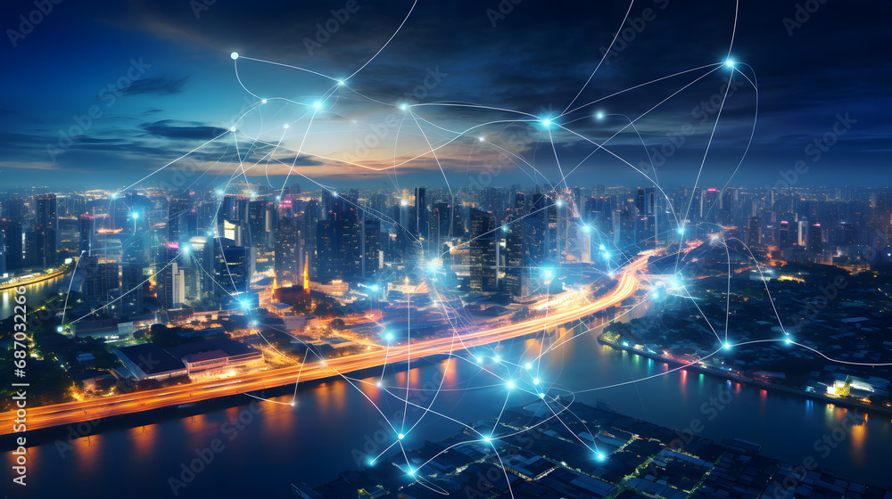 Energy Digitalization Smart city with Wireless network and Connection technology concept with Abstract Bangkok city background. Generative Ai. Energy Digitalization Smart city with Wireless network and Connection technology concept with Abstract Bangkok city background. Generative Ai.