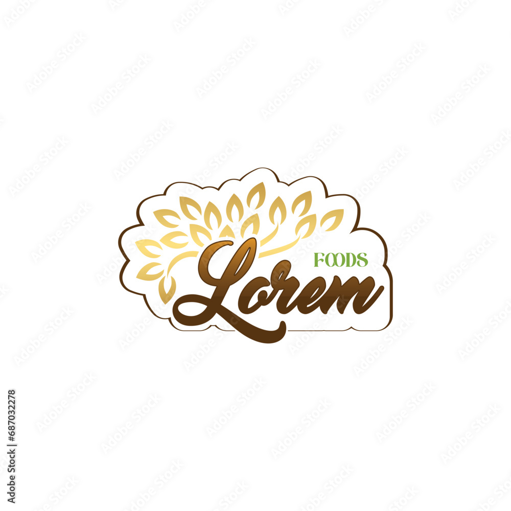 Golden oval shaped Vector Food company logo design template ideal for agriculture, organic food, grocery, natural harvest, baby food, cookies, cereals.