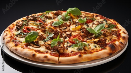 A pizza adorned with vegetables such as mushrooms