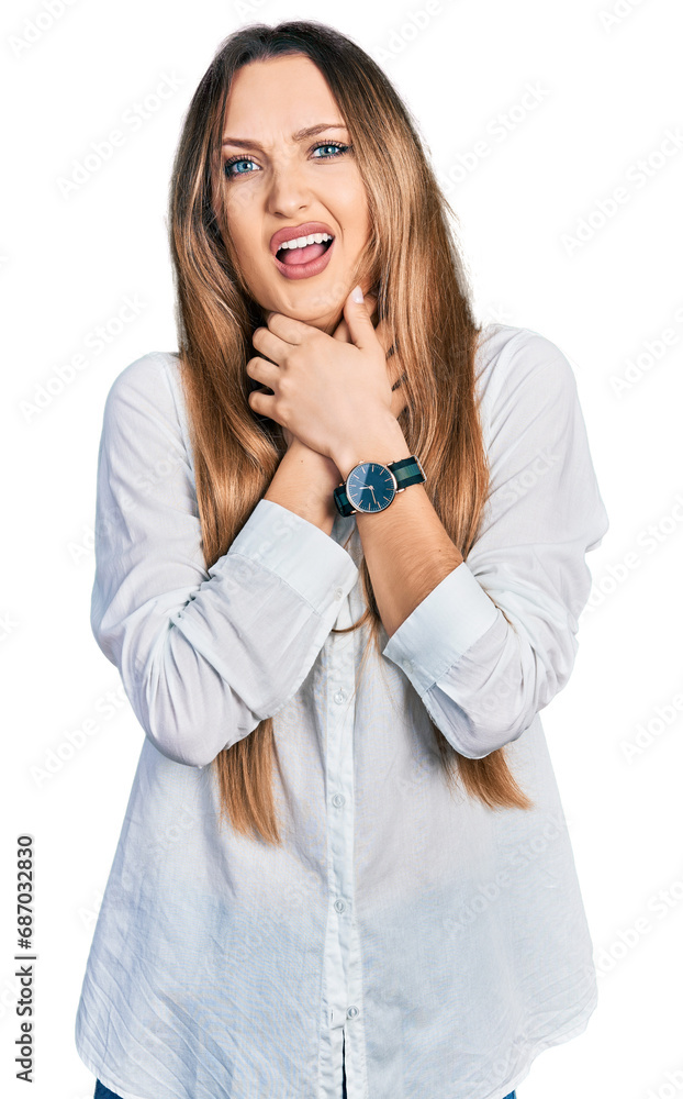 Beautiful caucasian woman wearing casual white shirt shouting suffocate because painful strangle. health problem. asphyxiate and suicide concept. Beautiful caucasian woman wearing casual white shirt shouting suffocate because painful strangle. health problem. asphyxiate and suicide concept.