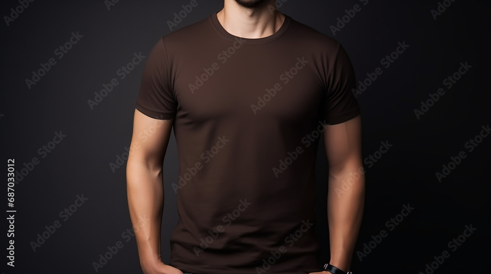 Man wearing brown t-shirt, isolated in dark background Man wearing brown t-shirt, isolated in dark background