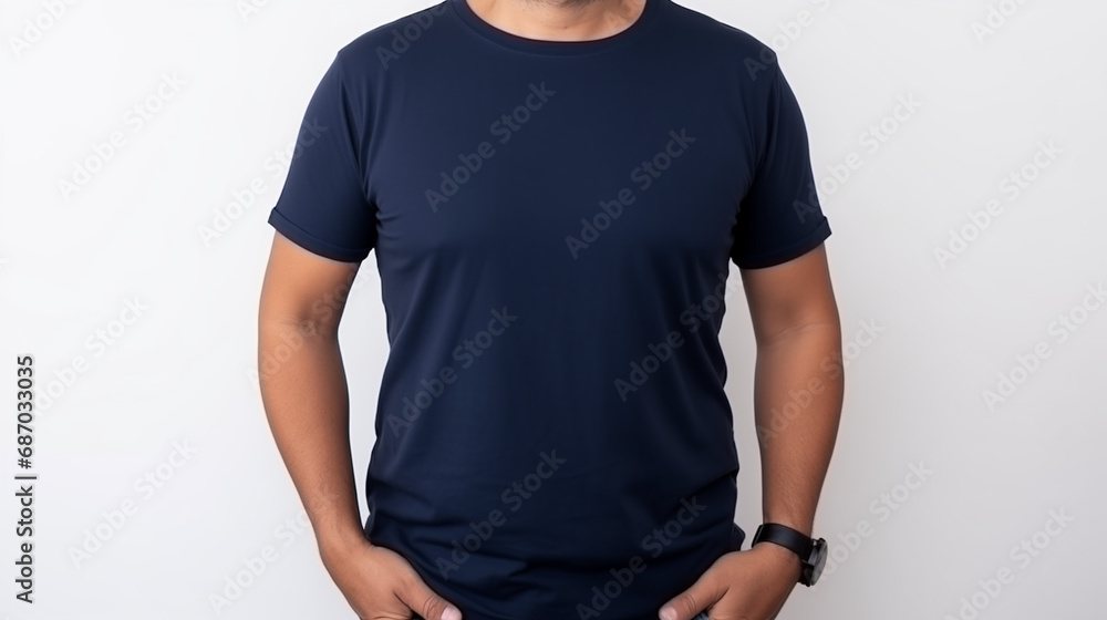 Man wearing navy blue t-shirt, isolated in white background Man wearing navy blue t-shirt, isolated in white background