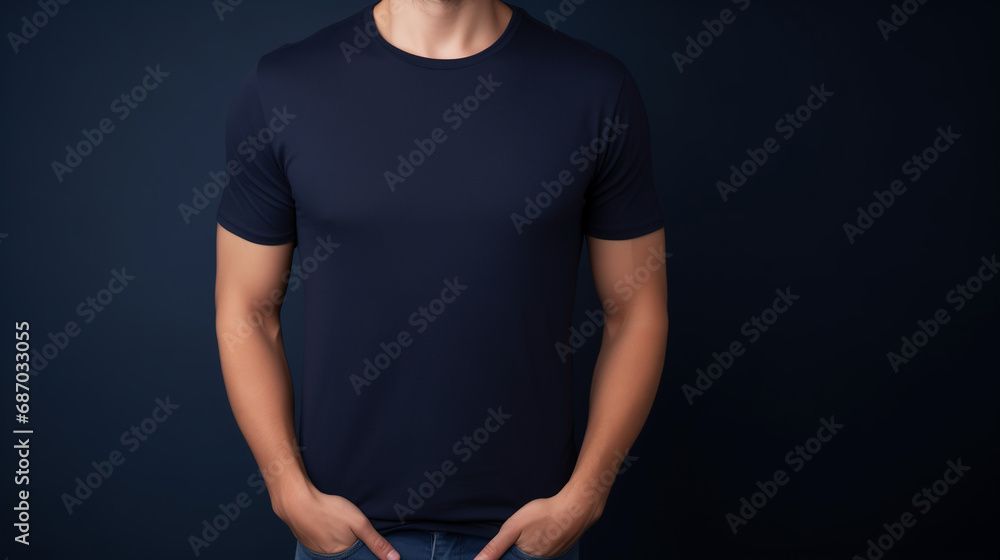 Man wearing navy blue t-shirt, isolated in dark background Man wearing navy blue t-shirt, isolated in dark background
