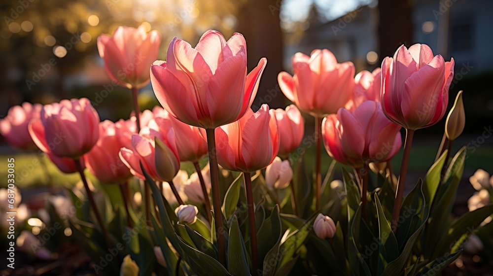 Obraz premium Beautiful pink tulips in full bloom in a garden