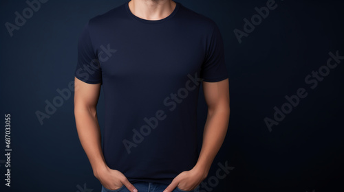 Man wearing navy blue t-shirt, isolated in dark background