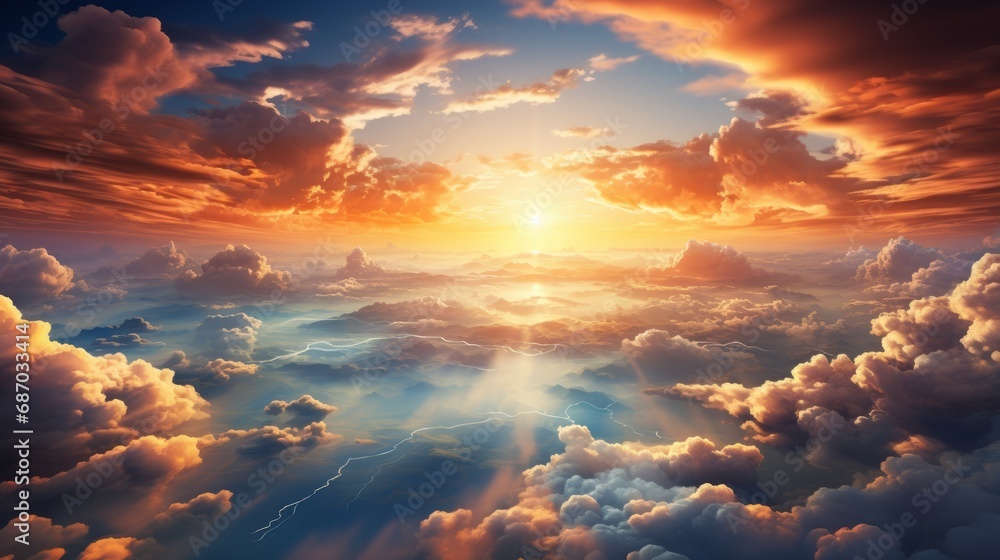 Birds eye view of a dynamic sunset over a thick laye Birds eye view of a dynamic sunset over a thick laye
