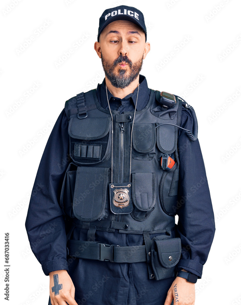 Young handsome man wearing police uniform making fish face with lips, crazy and comical gesture. funny expression. Young handsome man wearing police uniform making fish face with lips, crazy and comical gesture. funny expression.