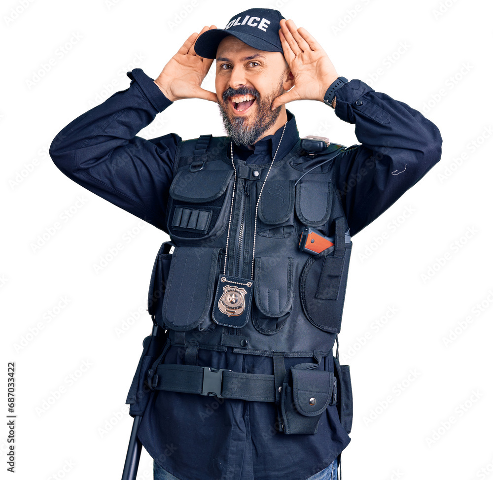 Young handsome man wearing police uniform smiling cheerful playing peek a boo with hands showing face. surprised and exited Young handsome man wearing police uniform smiling cheerful playing peek a boo with hands showing face. surprised and exited