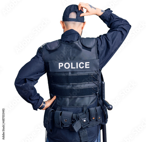 Young handsome man wearing police uniform backwards thinking about doubt with hand on head