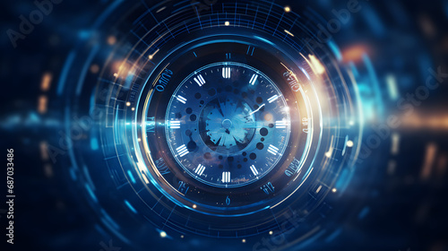 Futuristic time clock hand and clock face digital transformation abstract technology background. Business growth currency stock timer and investment economy. Generative Ai. photo