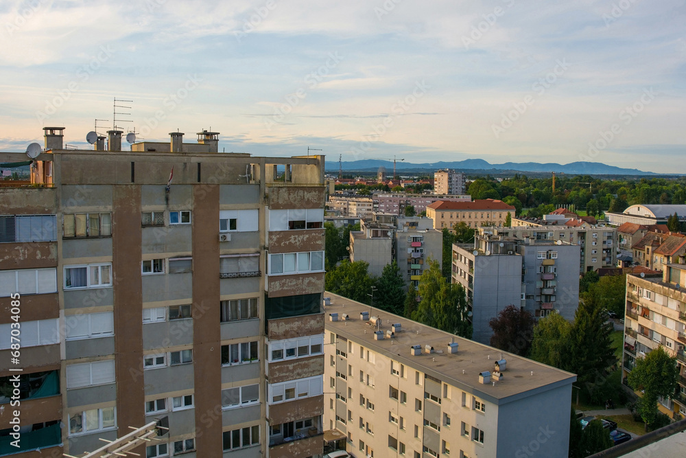 An aerial view over a residential district of Karlovac, south of the historic centre, in Central Croatia