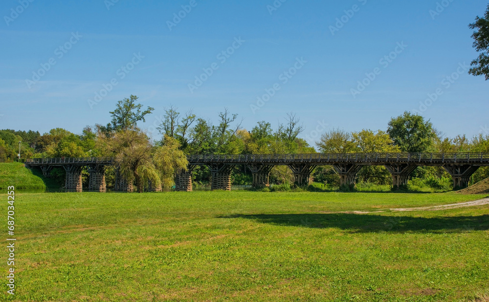 The Drveni Most wooden bridge over the Korana River in Karlovac, central Croatia The Drveni Most wooden bridge over the Korana River in Karlovac, central Croatia