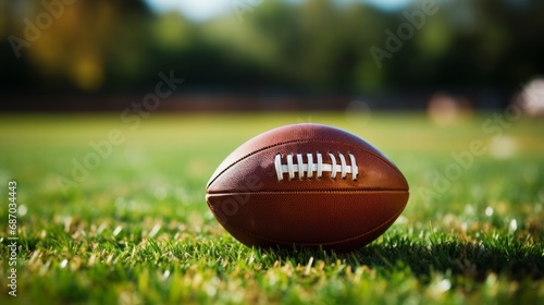 Close-up of an American football ball on grass