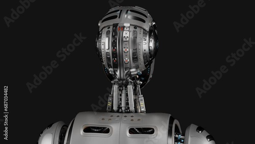 Turntable 360 degree animation of futuristic robot or metallic humanoid cyborg. 3d rendering of the upper body isolated on black background with alpha