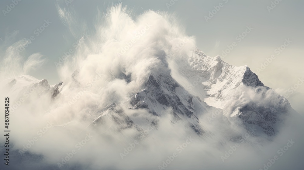 Panoramic view of a mountain range with peaks in monochrome. Foggy and overcast. Illustration for cover, card, postcard, interior design, banner, poster, brochure or presentation.