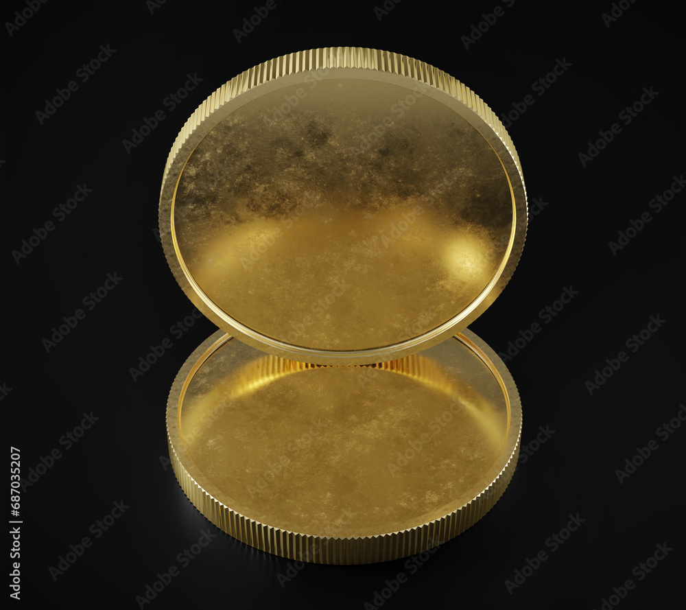 Two Gold Coins on top of each other, Mockup Template, Banking Concept, Cryptocurrency, 3d Rendered isolated on Black background. Two Gold Coins on top of each other, Mockup Template, Banking Concept, Cryptocurrency, 3d Rendered isolated on Black background.